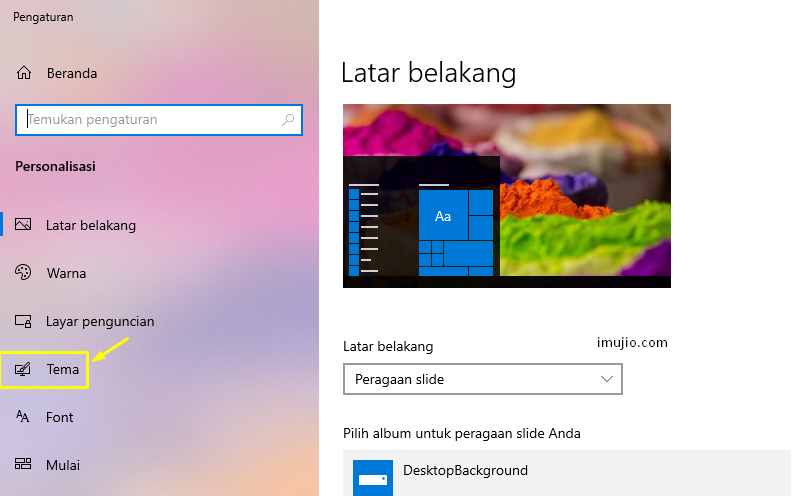 Klik menu tema pada setting windows