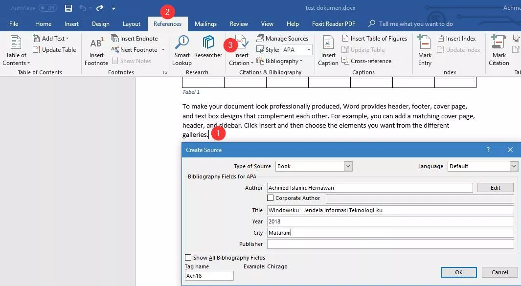 Belajar microsoft word Menambahkan kutipan